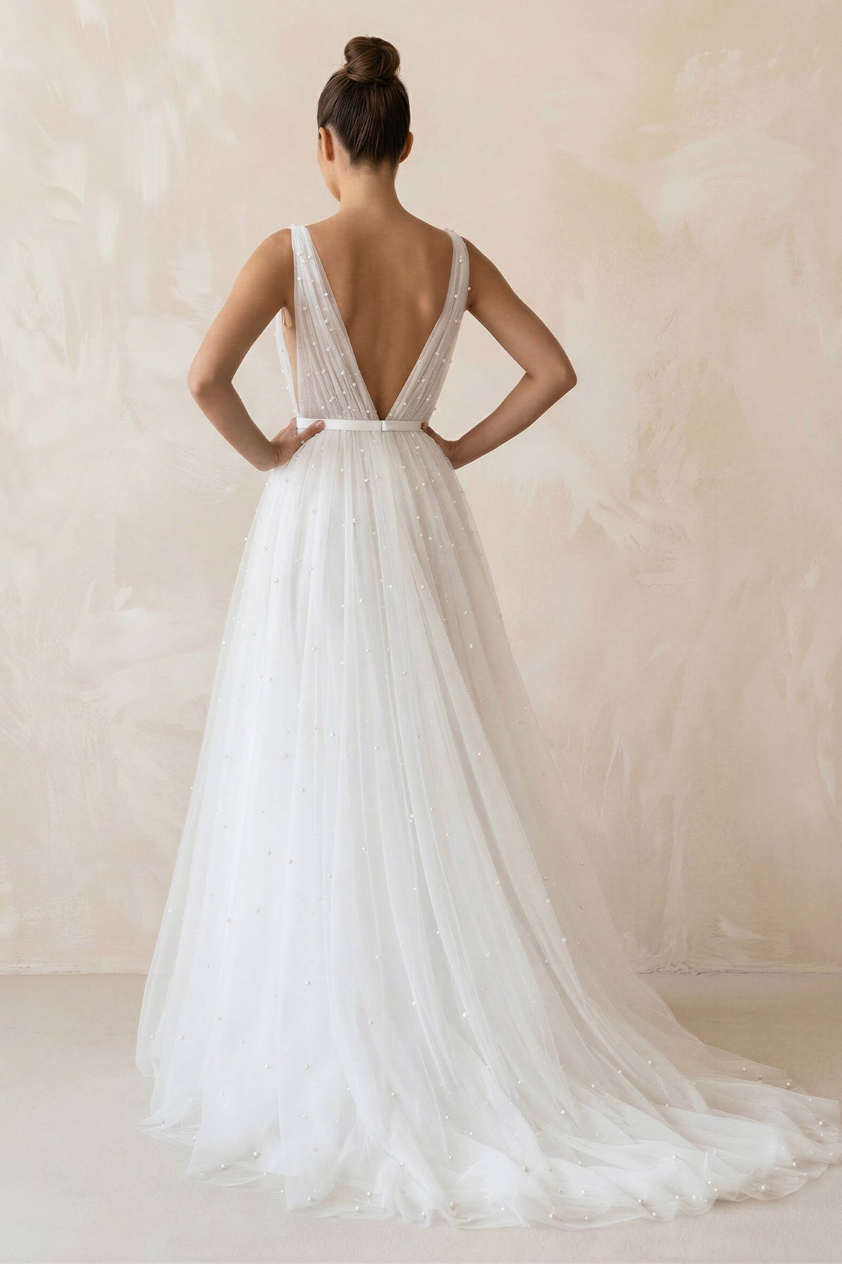 A Line V - Neck Tulle Sleeveless Wedding Dress in White - SHE IS ME Wedding Dresses