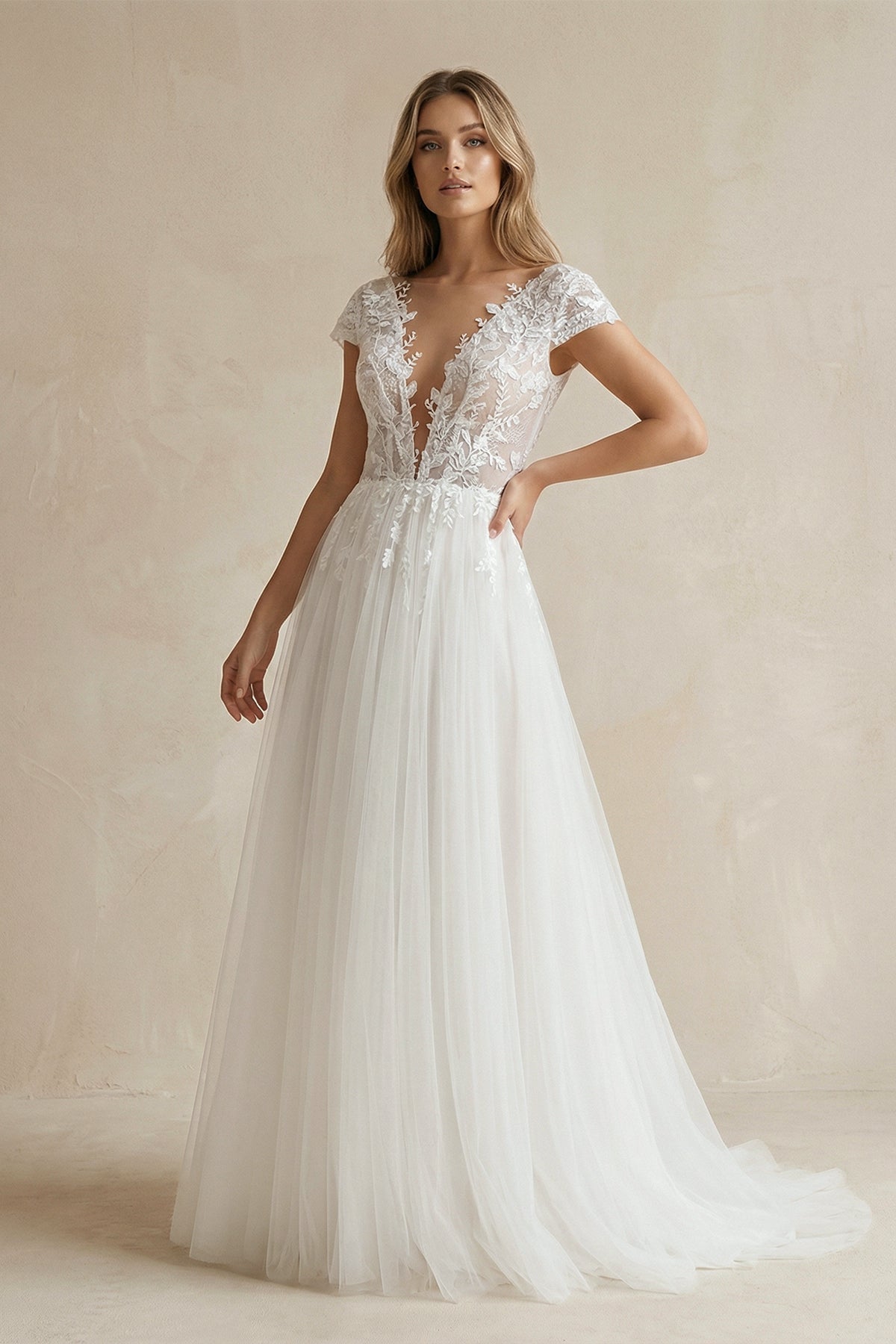 A Line V Neck Tulle Wedding Dress With Appliques - SHE IS ME Wedding Dresses