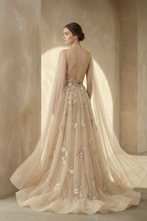 A - line V Neck Tulle Wedding Dresses With 3D Flower - SHE IS ME Wedding Dresses