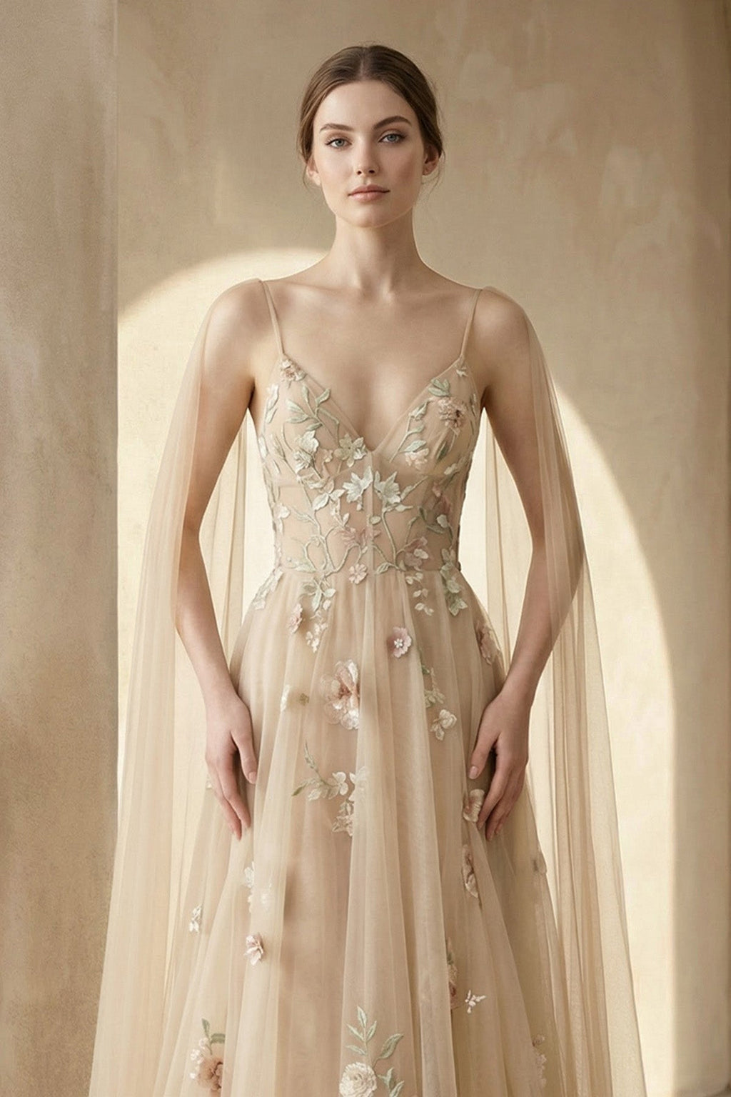 A - line V Neck Tulle Wedding Dresses With 3D Flower - SHE IS ME Wedding Dresses