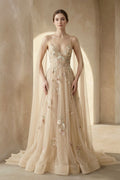 A - line V Neck Tulle Wedding Dresses With 3D Flower - SHE IS ME Wedding Dresses