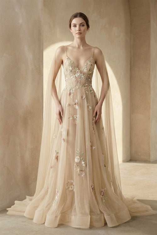 A - line V Neck Tulle Wedding Dresses With 3D Flower - SHE IS ME Wedding Dresses