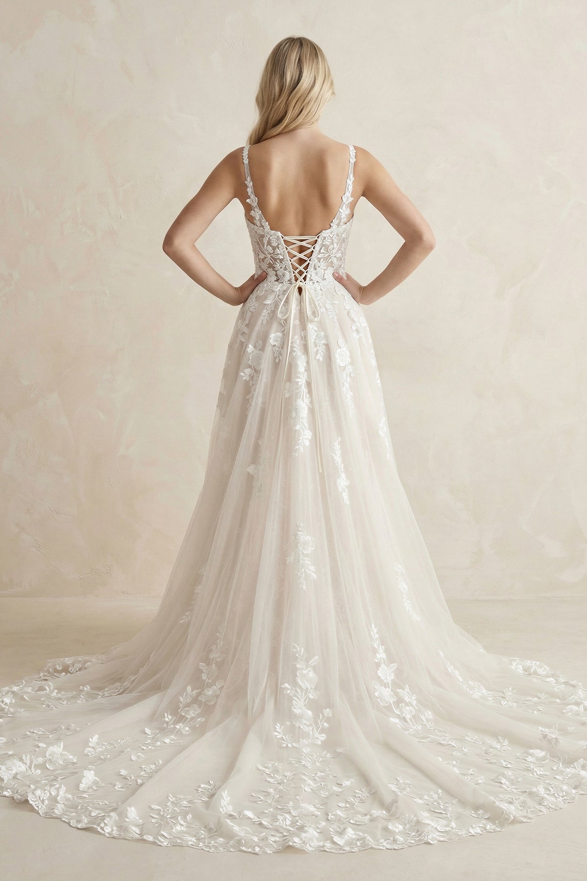 A Line V Neck Tulle Wedding Dresses with Appliques in White - SHE IS ME Wedding Dresses