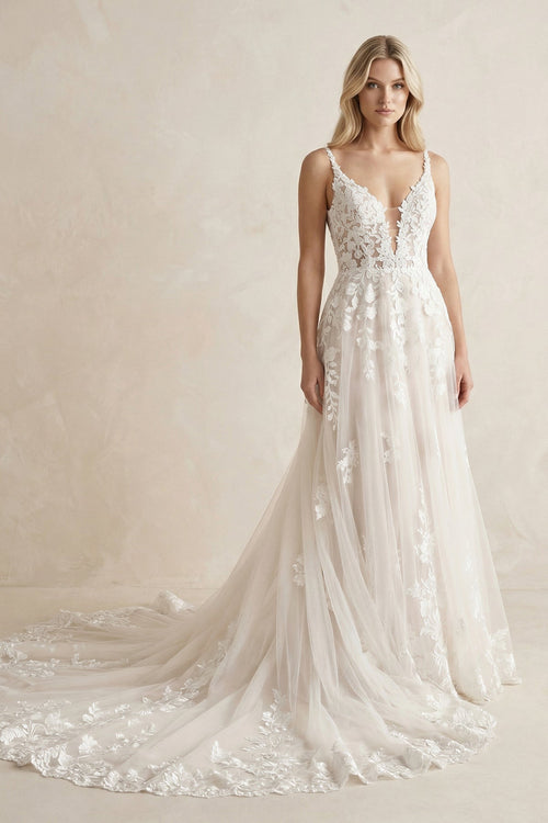 A Line V Neck Tulle Wedding Dresses with Appliques in White - SHE IS ME Wedding Dresses