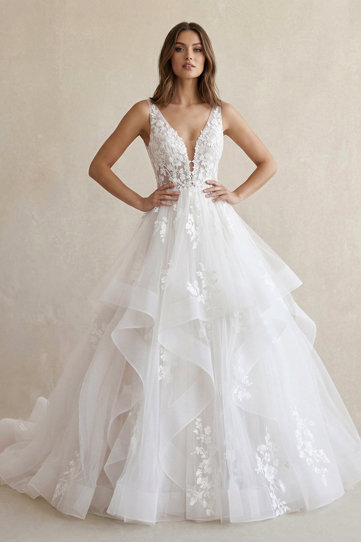 A - Line V Neck Wedding Dresses with Appliques in White - SHE IS ME Wedding Dresses