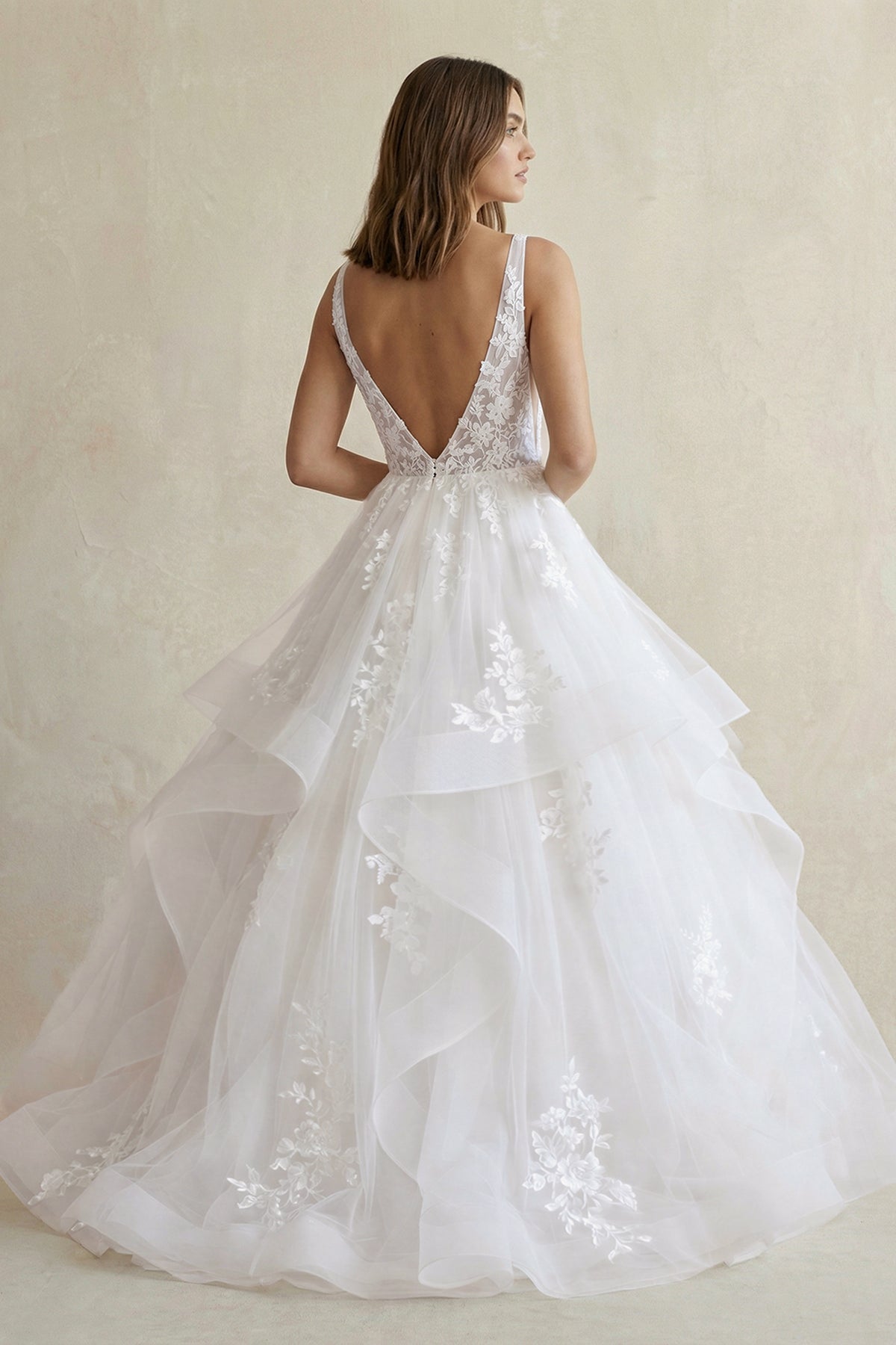 A - Line V Neck Wedding Dresses with Appliques in White - SHE IS ME Wedding Dresses