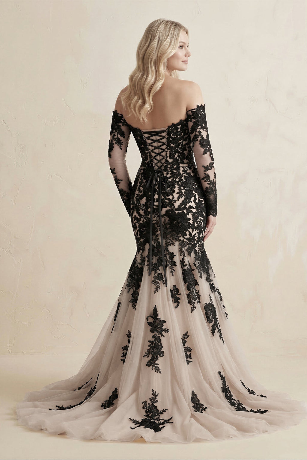 Appliqued Tulle Mermaid Off - the - Shoulder Wedding Dress in Black - SHE IS ME Wedding Dresses