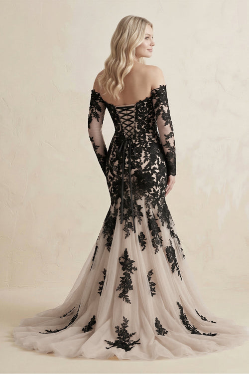 Appliqued Tulle Mermaid Off - the - Shoulder Wedding Dress in Black - SHE IS ME Wedding Dresses