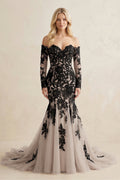 Appliqued Tulle Mermaid Off - the - Shoulder Wedding Dress in Black - SHE IS ME Wedding Dresses