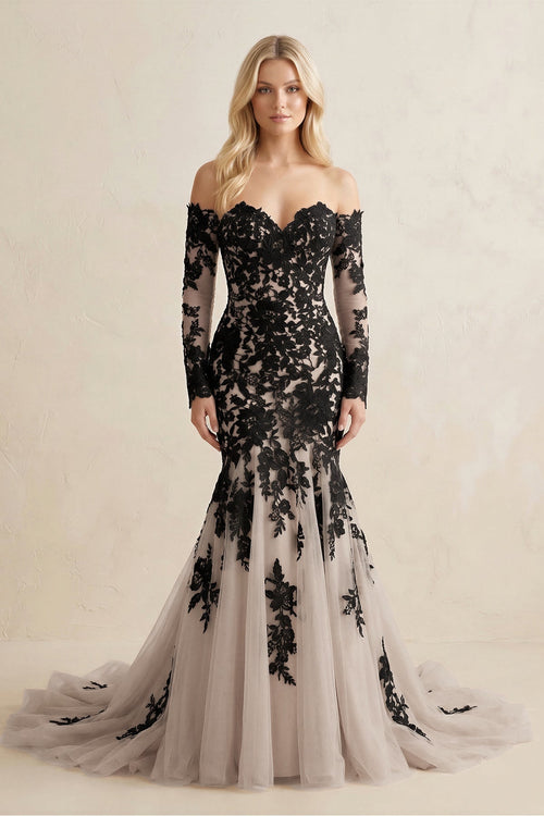 Appliqued Tulle Mermaid Off - the - Shoulder Wedding Dress in Black - SHE IS ME Wedding Dresses