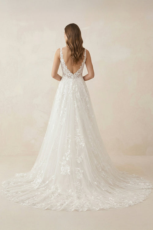 Appliqued V - Neck A - Line Tulle Maxi Wedding Dress in White - SHE IS ME Wedding Dresses