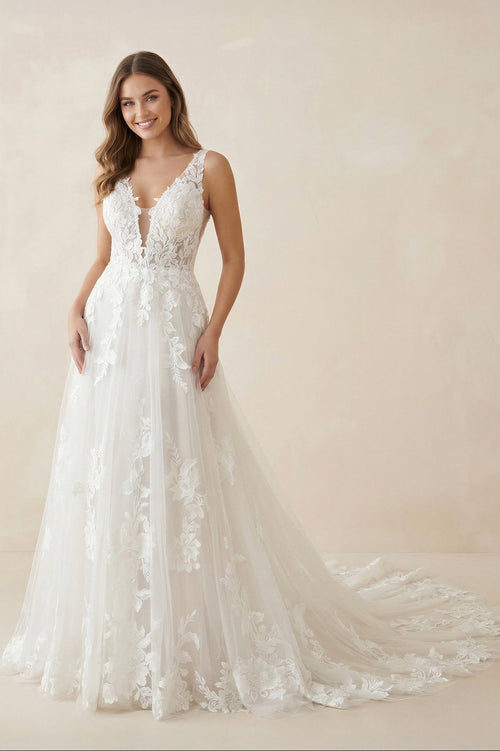 Appliqued V - Neck A - Line Tulle Maxi Wedding Dress in White - SHE IS ME Wedding Dresses