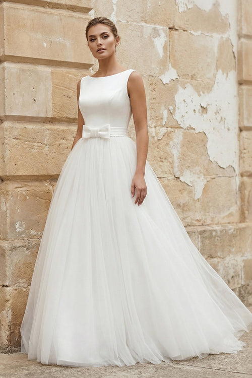 Ball - Gown Tulle Sleeveless Wedding Dress With Bow in White - SHE IS ME Wedding Dresses