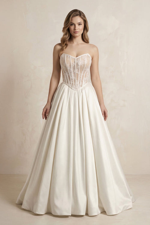 Basque Waist Sweetheart A - Line Satin Wedding Dress in Ivory - SHE IS ME Wedding Dresses