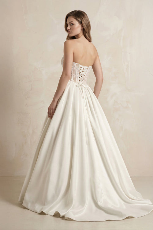 Basque Waist Sweetheart A - Line Satin Wedding Dress in Ivory - SHE IS ME Wedding Dresses