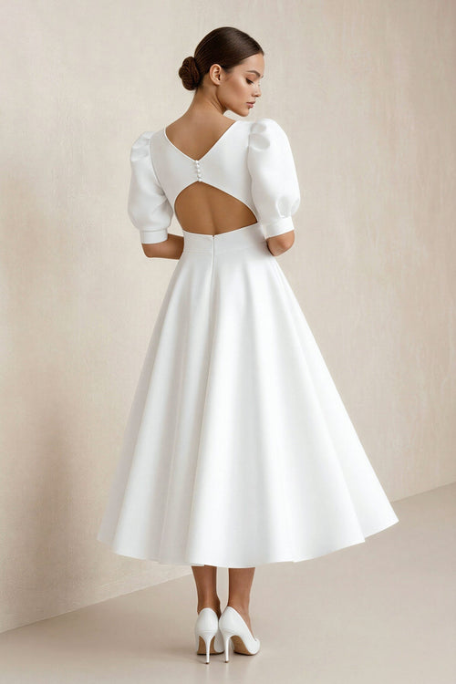 Bateau A Line Satin Midi Wedding Dress in White - SHE IS ME Wedding Dresses