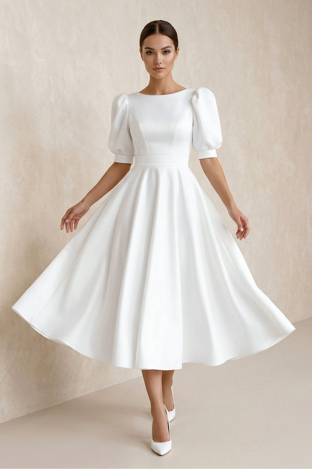 Bateau A Line Satin Midi Wedding Dress in White - SHE IS ME Wedding Dresses