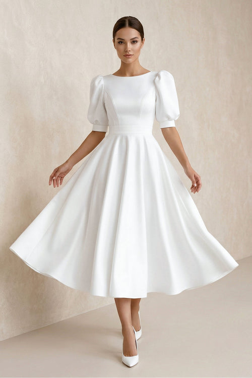 Bateau A Line Satin Midi Wedding Dress in White - SHE IS ME Wedding Dresses