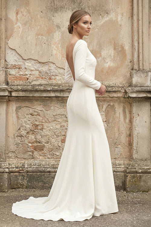 Bateau Long Sleeves Satin Mermaid Wedding Dress in White - SHE IS ME Wedding Dresses
