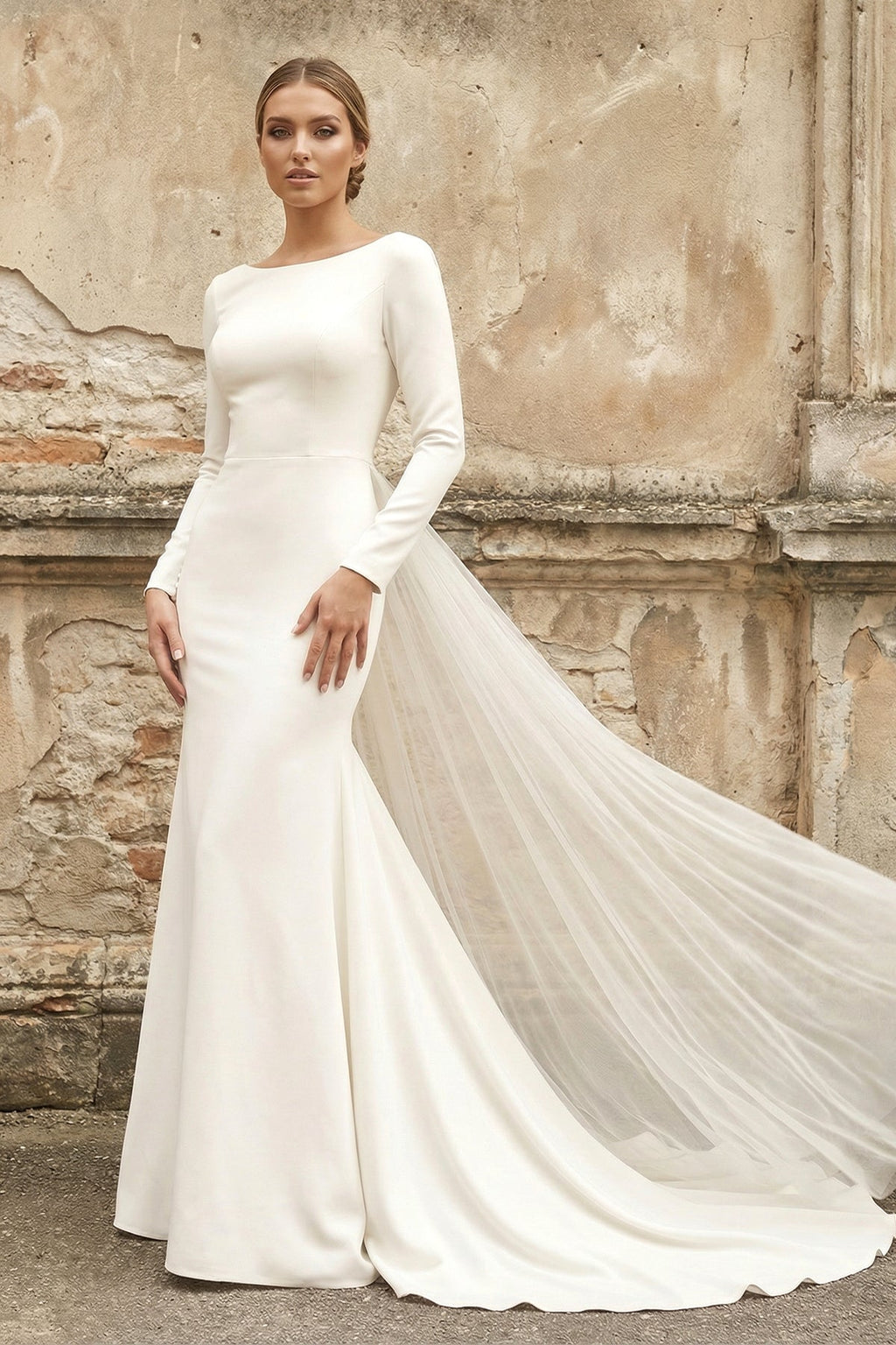 Bateau Long Sleeves Satin Mermaid Wedding Dress in White - SHE IS ME Wedding Dresses
