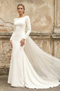 Bateau Long Sleeves Satin Mermaid Wedding Dress in White - SHE IS ME Wedding Dresses