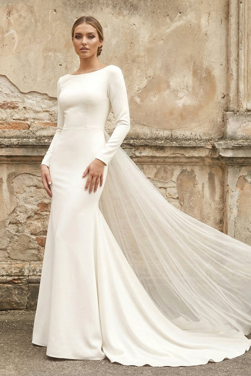 Bateau Long Sleeves Satin Mermaid Wedding Dress in White - SHE IS ME Wedding Dresses