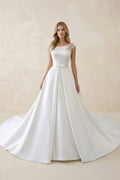 Bateau Neck A - Line Satin Ruched Wedding Dress in White - SHE IS ME Wedding Dresses