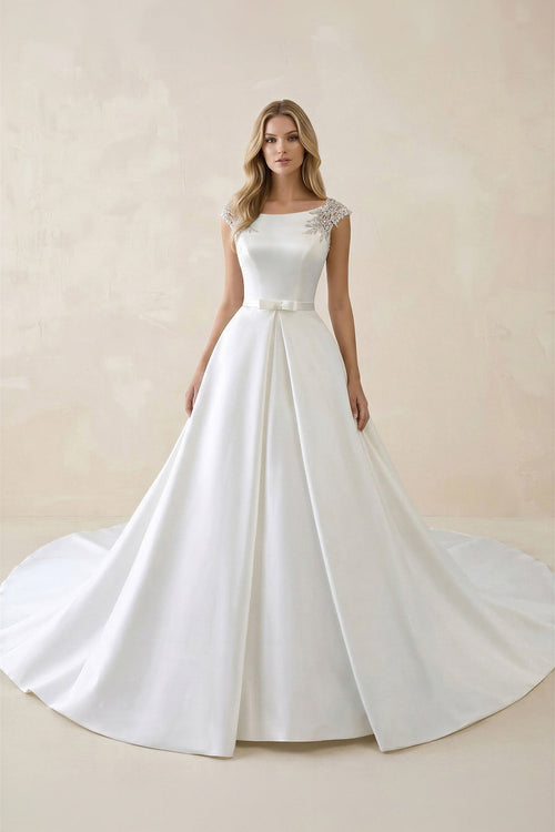Bateau Neck A - Line Satin Ruched Wedding Dress in White - SHE IS ME Wedding Dresses