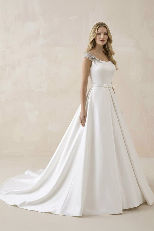 Bateau Neck A - Line Satin Ruched Wedding Dress in White - SHE IS ME Wedding Dresses