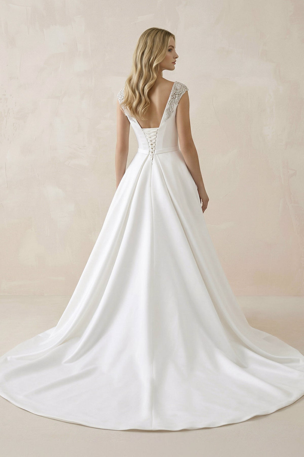 Bateau Neck A - Line Satin Ruched Wedding Dress in White - SHE IS ME Wedding Dresses