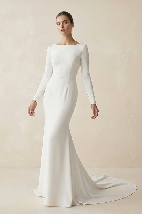 Bateau Neck Mermaid Long Sleeve Wedding Dress in White - SHE IS ME Wedding Dresses