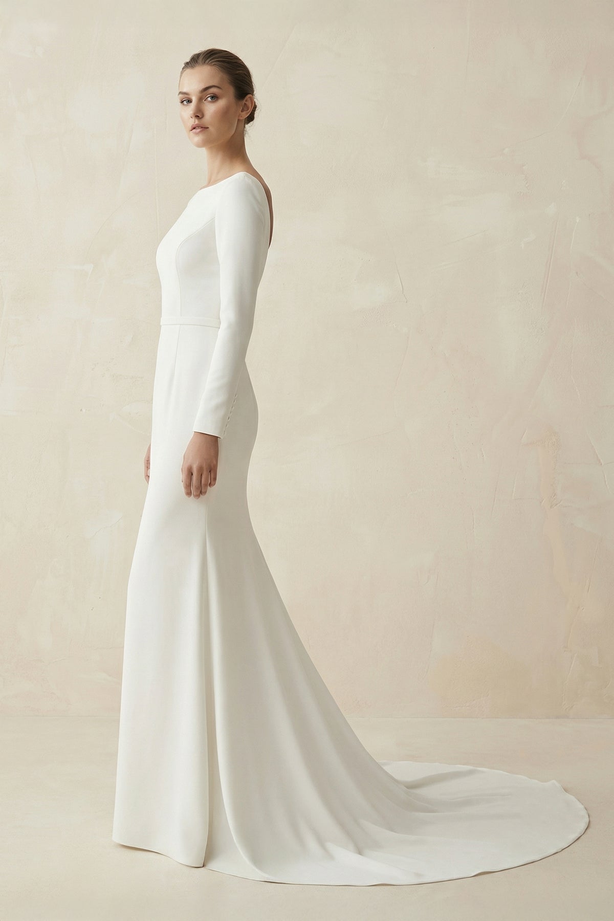 Bateau Neck Mermaid Long Sleeve Wedding Dress in White - SHE IS ME Wedding Dresses