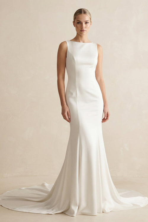 Bateau Neck Mermaid Satin Wedding Dress With Bow in White - SHE IS ME Wedding Dresses