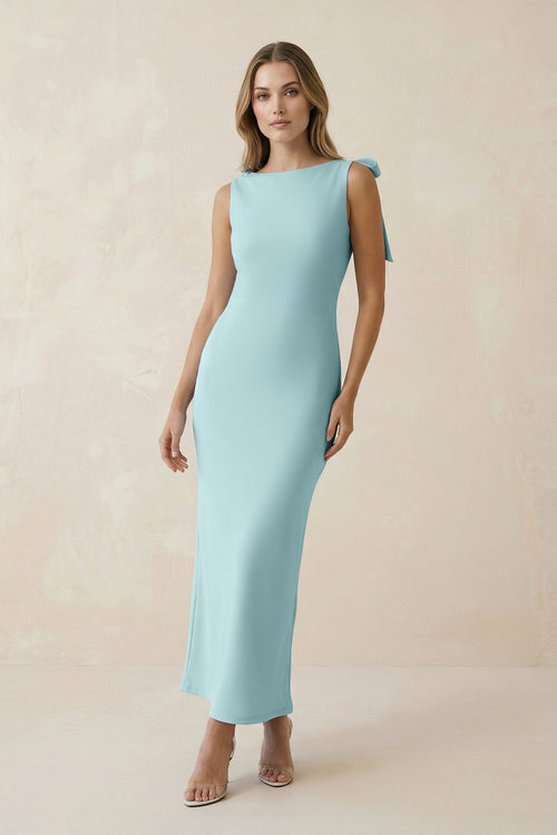 Bateau Neck Sheath Midi Bridesmaid Dress With Bow in Bleached Aqua - SHE IS ME Bridesmaid Dresses