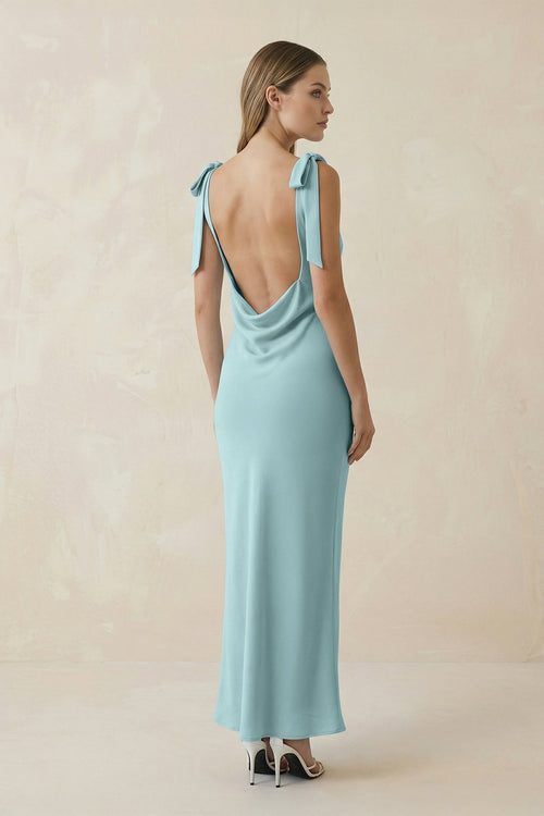 Bateau Neck Sheath Midi Bridesmaid Dress With Bow in Bleached Aqua - SHE IS ME Bridesmaid Dresses