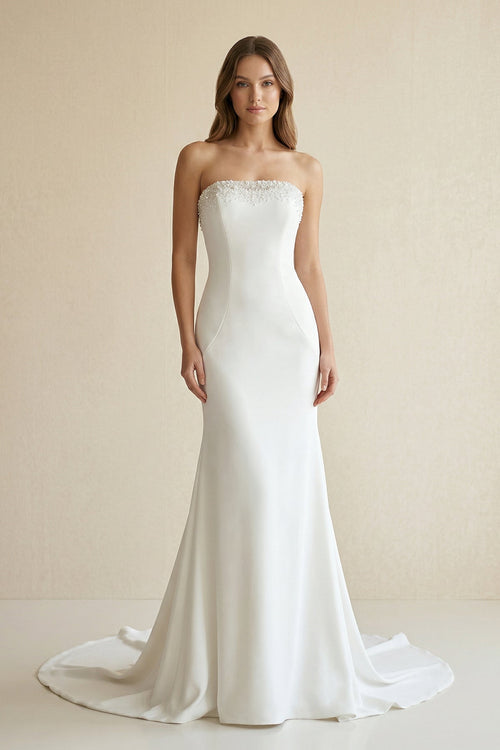 Beaded Satin Strapless Mermaid Wedding Dress in White - SHE IS ME Wedding Dresses