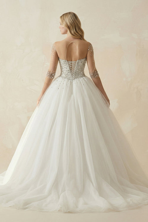 Beaded Sweetheart A - line Tulle Wedding Gown in White - SHE IS ME Wedding Dresses