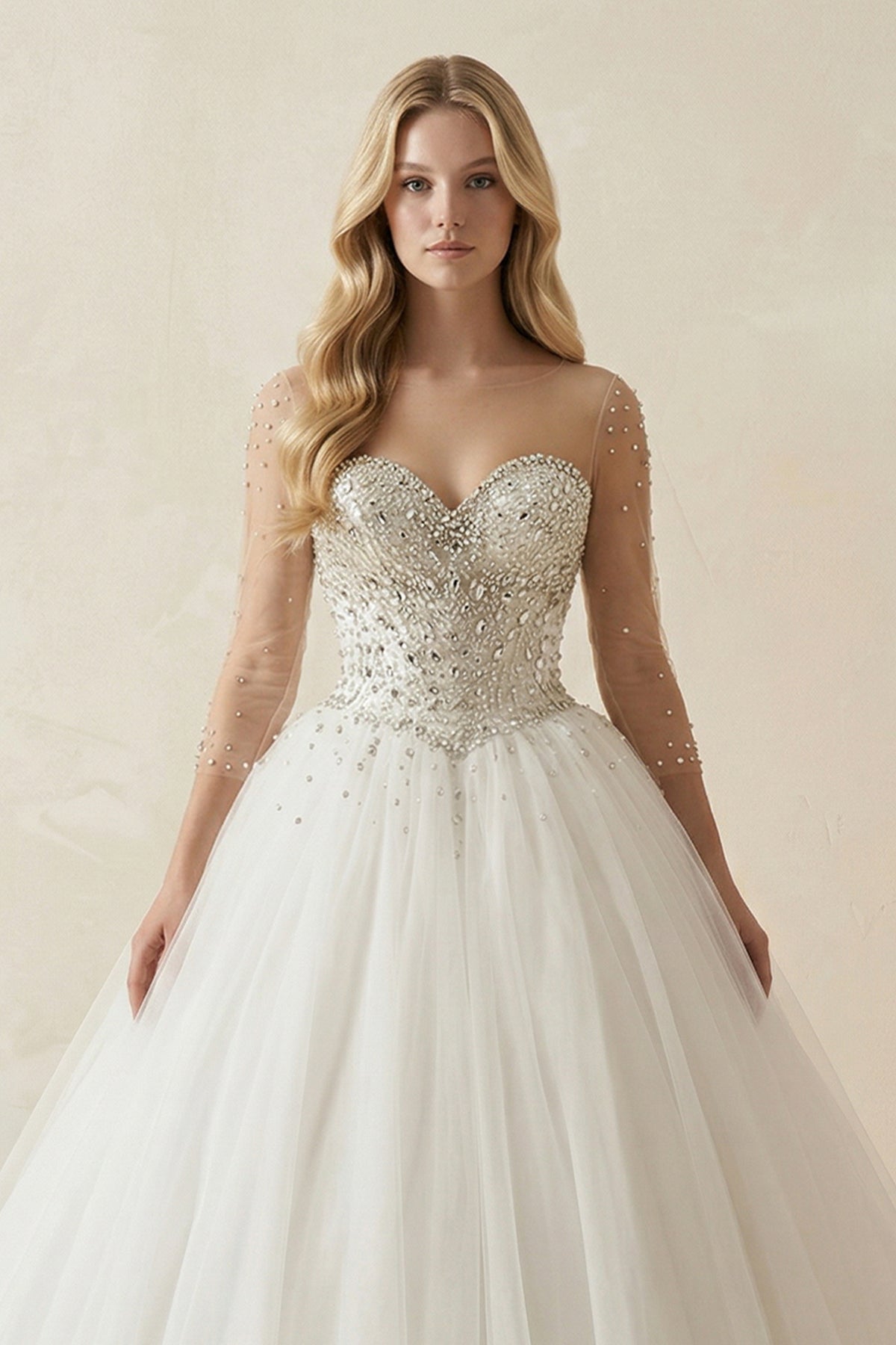 Beaded Sweetheart A - line Tulle Wedding Gown in White - SHE IS ME Wedding Dresses
