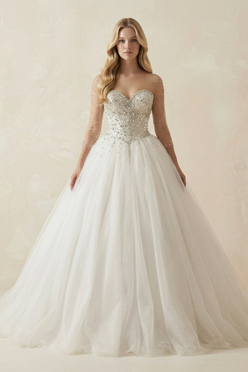 Beaded Sweetheart A - line Tulle Wedding Gown in White - SHE IS ME Wedding Dresses