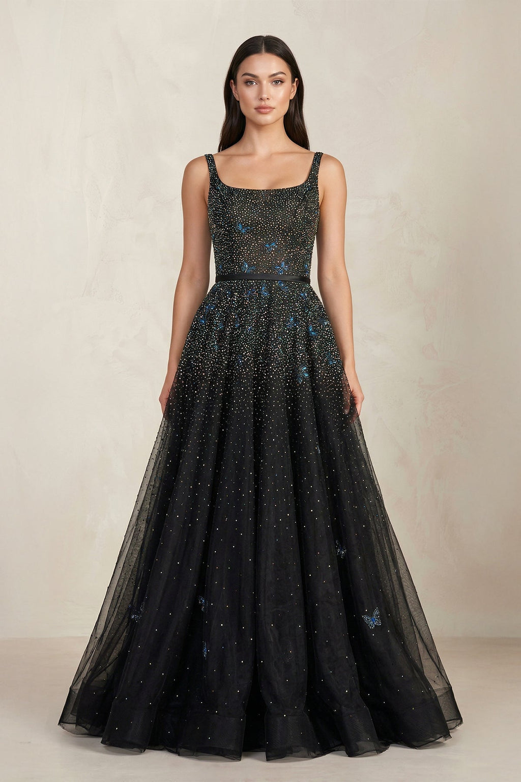 Black A - line Square Neck Tulle Beaded Wedding Dress in Black - SHE IS ME Wedding Dresses