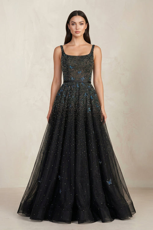 Black A - line Square Neck Tulle Beaded Wedding Dress in Black - SHE IS ME Wedding Dresses
