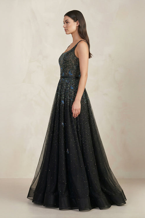 Black A - line Square Neck Tulle Beaded Wedding Dress in Black - SHE IS ME Wedding Dresses