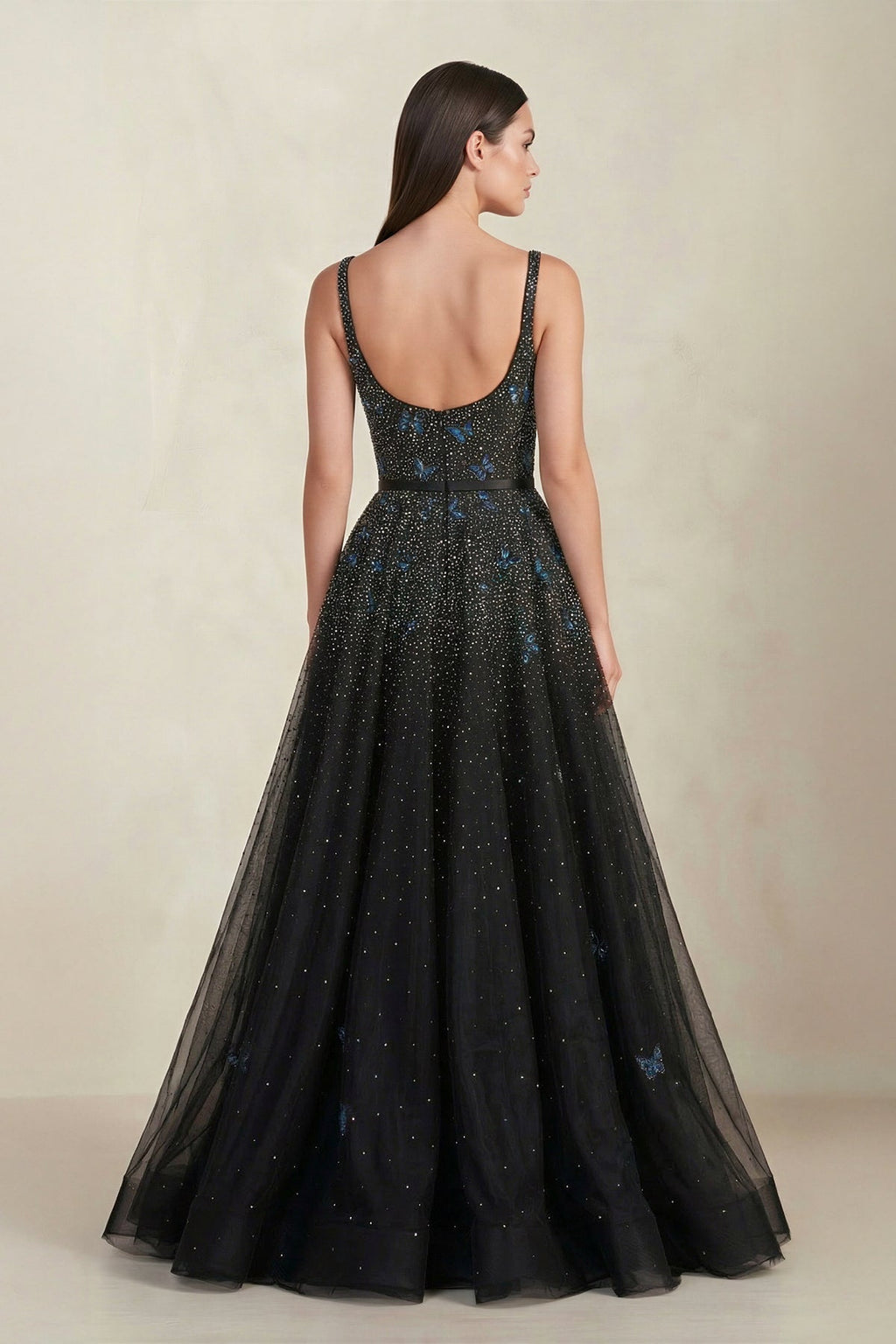 Black A - line Square Neck Tulle Beaded Wedding Dress in Black - SHE IS ME Wedding Dresses