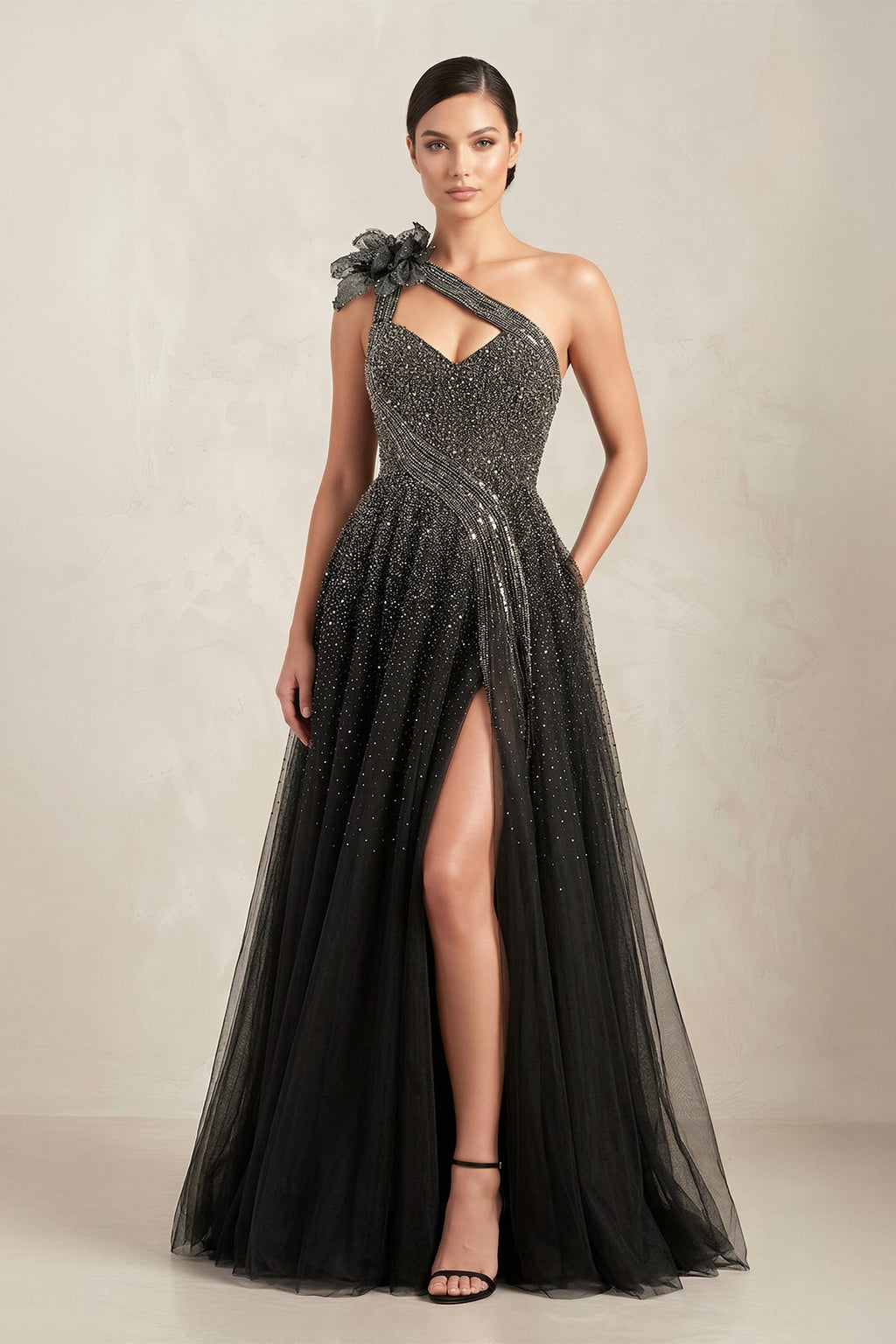 Black One Shoulder Tulle Beaded Wedding Dress with Slit in Black - SHE IS ME Wedding Dresses