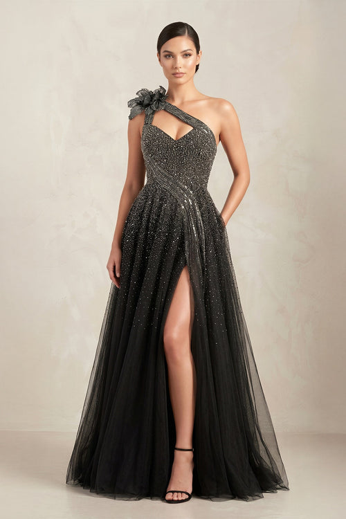 Black One Shoulder Tulle Beaded Wedding Dress with Slit in Black - SHE IS ME Wedding Dresses