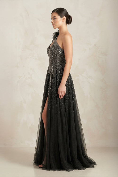 Black One Shoulder Tulle Beaded Wedding Dress with Slit in Black - SHE IS ME Wedding Dresses