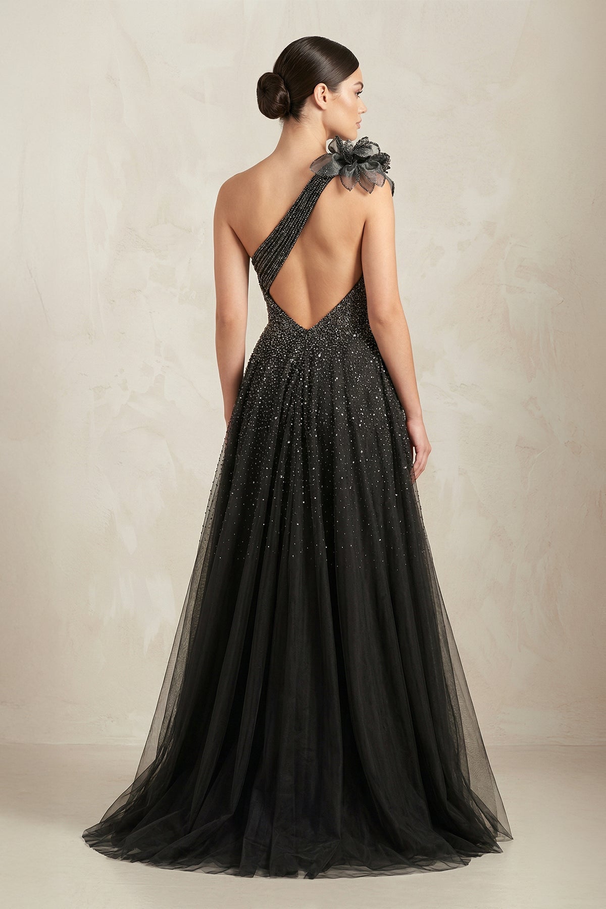 Black One Shoulder Tulle Beaded Wedding Dress with Slit in Black - SHE IS ME Wedding Dresses