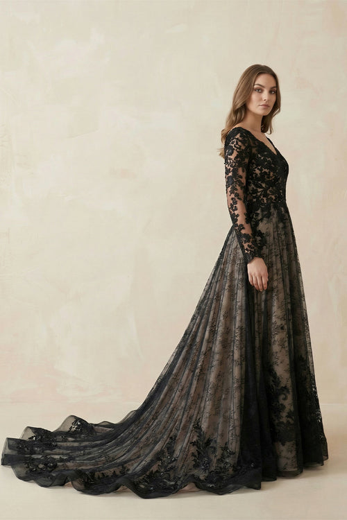 Black V - Neck Long Sleeves Lace Appliqued Wedding Dress in Black - SHE IS ME Wedding Dresses