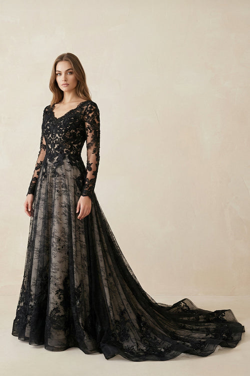 Black V - Neck Long Sleeves Lace Appliqued Wedding Dress in Black - SHE IS ME Wedding Dresses