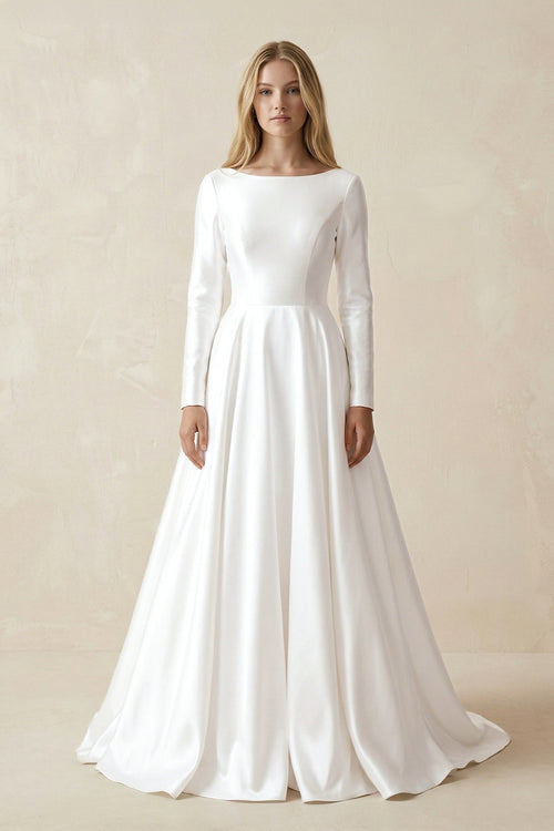 Boat Neck A - line Satin Long Sleeves Wedding Dress in White - SHE IS ME Wedding Dresses